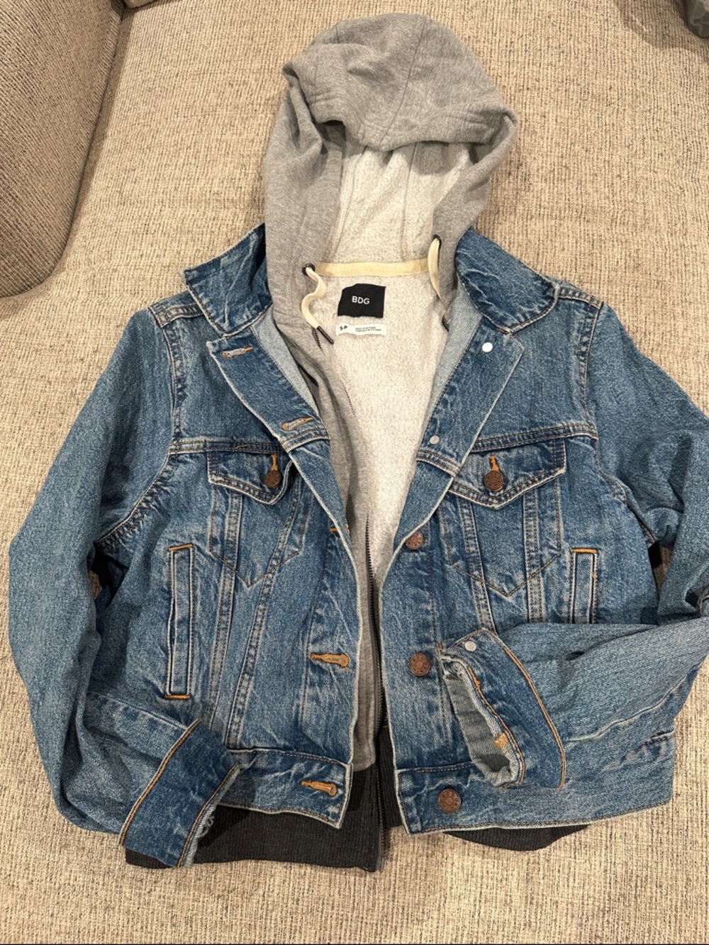 BDG blue denim jacket with gray hooded liner